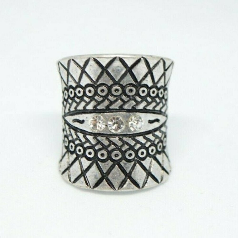 Clear Rhinestone Silver Tone Embossed Full Knuckle